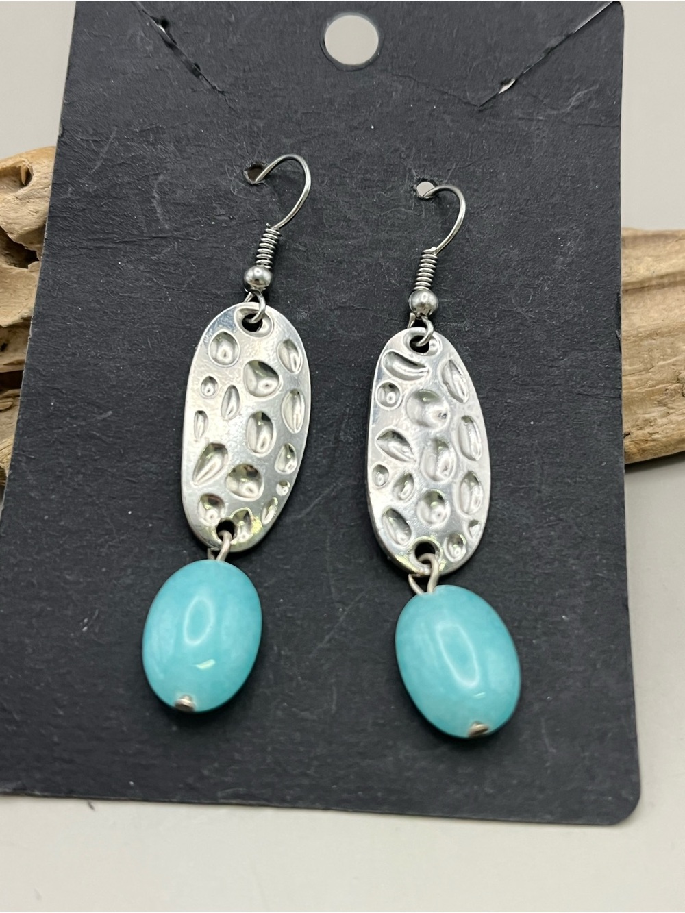 Boho Hammered Silver Tone Amazonite Drop Dangle Earrings Turquoise Blue Gemston
